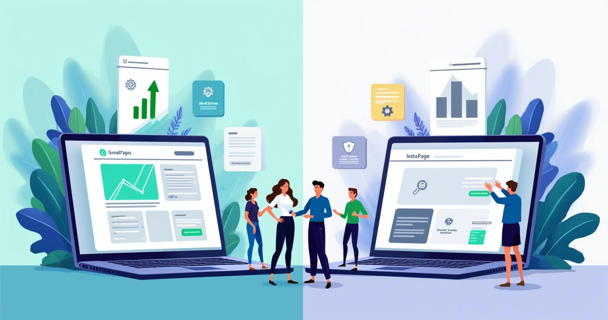 Ilustração comparativa entre GreatPages e Instapage destacando desempenho e resultados em landing pages 