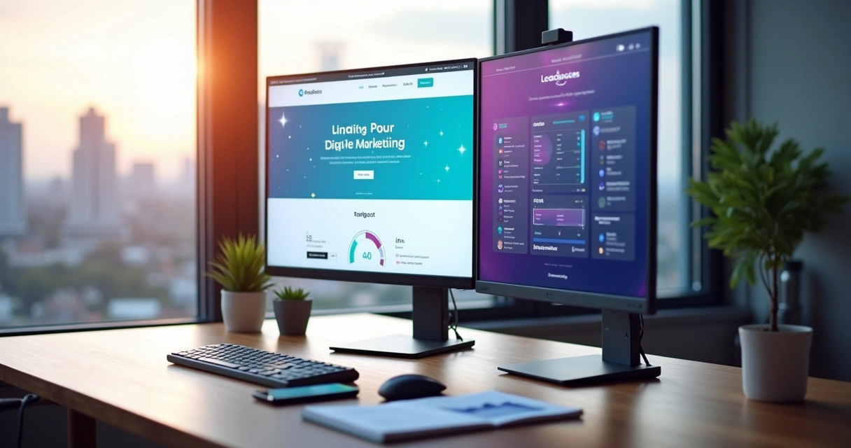 Tela dividida comparando dashboards de criação de landing pages do GreatPages e do Leadpages em um escritório moderno 