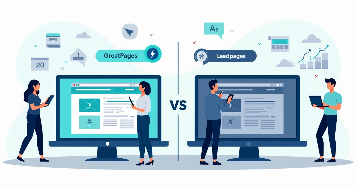 Ilustração comparativa entre GreatPages e Leadpages para criação de landing pages 