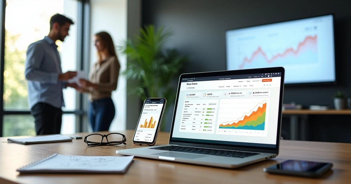 Tela dividida comparando GreatPages e Unbounce em notebooks sobre mesa de trabalho digital 