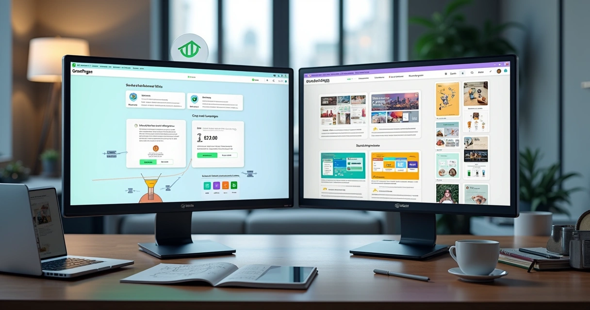 Tela dividida comparando GreatPages e Wix para criação de sites 