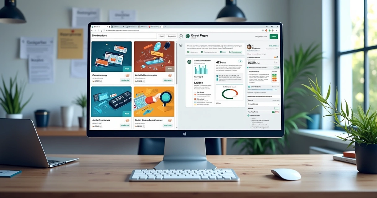 Computador mostrando comparação entre GreatPages e WordPress com gráficos e elementos digitais coloridos na tela 