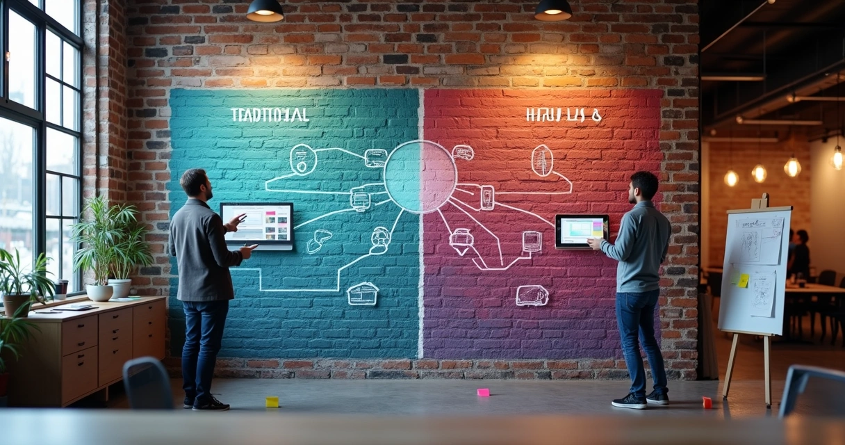 Comparação visual entre arquitetura headless e CMS tradicional em parede de agência digital 