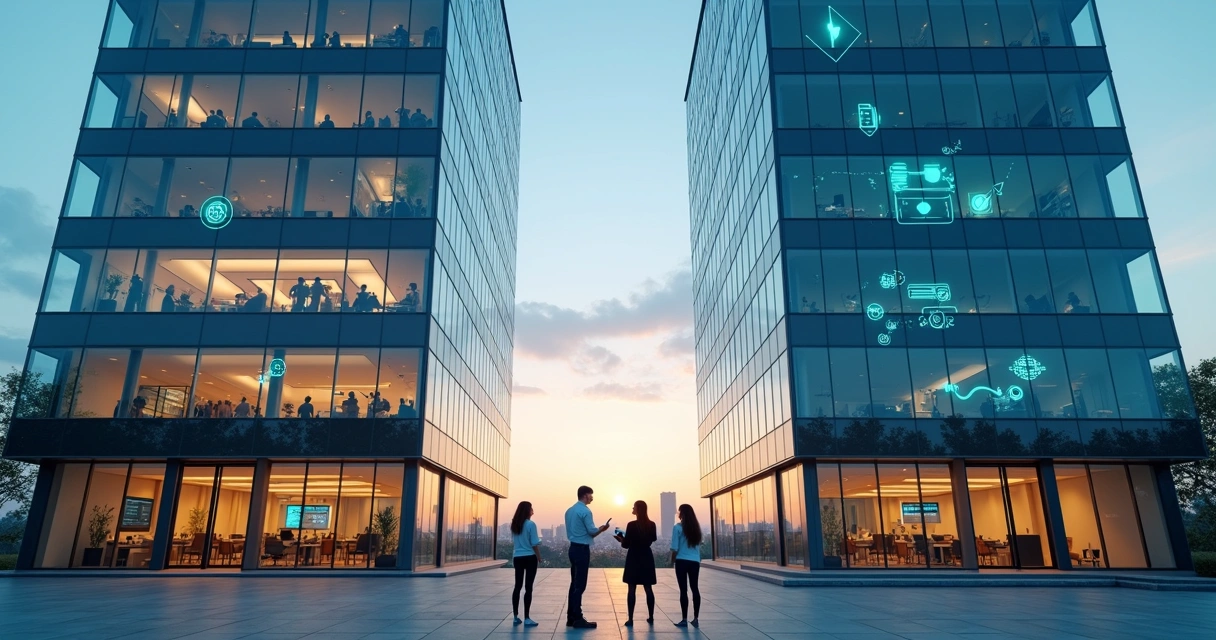 Ilustração comparando help desk interno e externo em dois prédios de escritório 