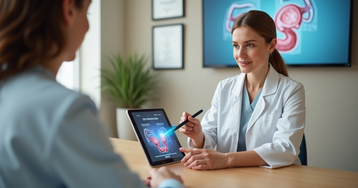 Médica mostra em tablet comparação entre hemorroidas internas e externas com tratamento a laser 