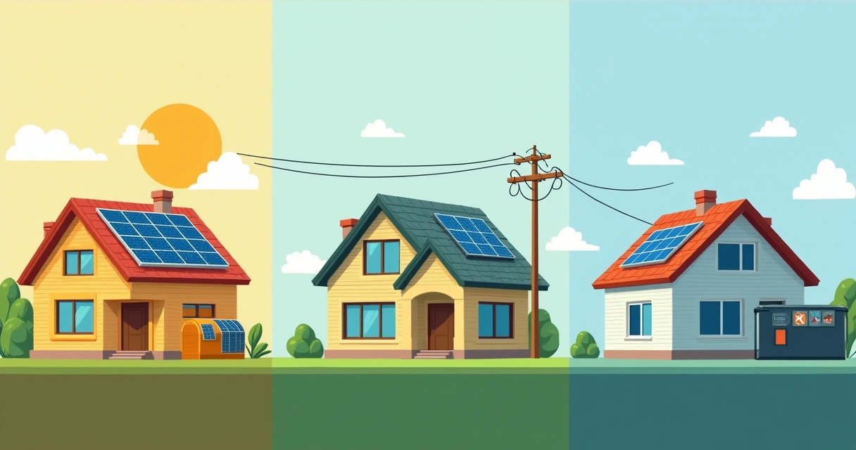 Comparação visual entre sistemas solar on-grid, híbrido e off-grid para casas