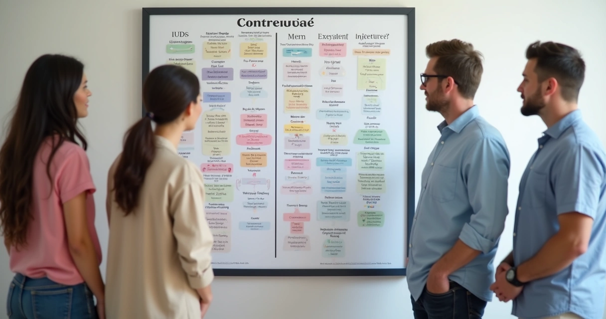 Ilustração comparando métodos contraceptivos masculinos e femininos