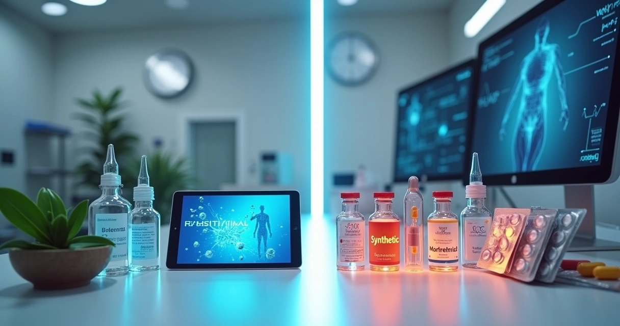 Comparação visual de hormônios bioidênticos e sintéticos em bancada de laboratório 