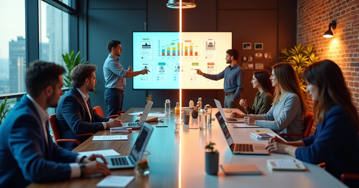Divisão visual comparando teste de ideia B2B com ideia B2C em ambiente corporativo 