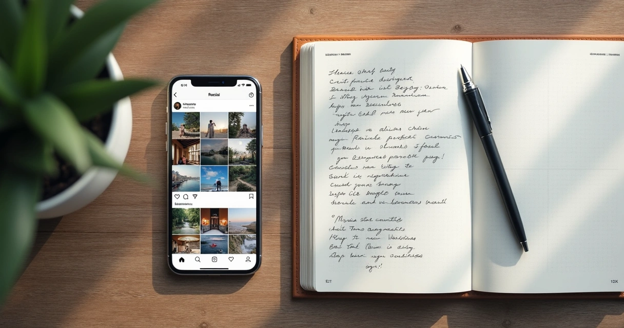 Tela de celular com perfis e caderno de anotações ao lado