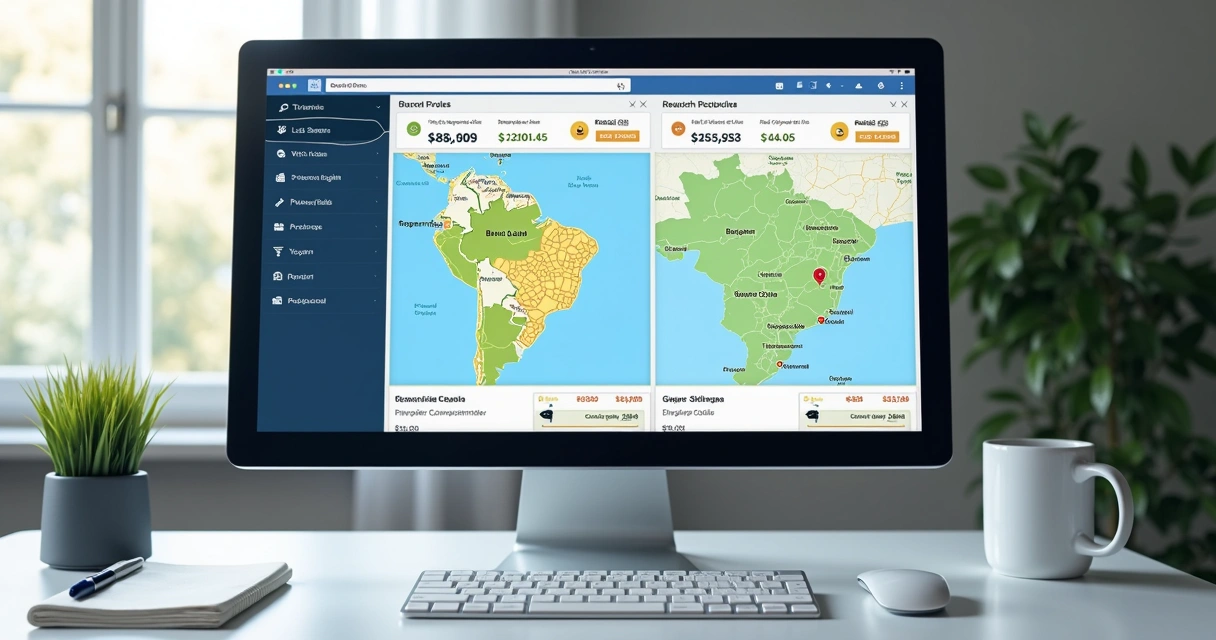 Tela com mapa e cartões de imóveis residenciais e comerciais em leilão 