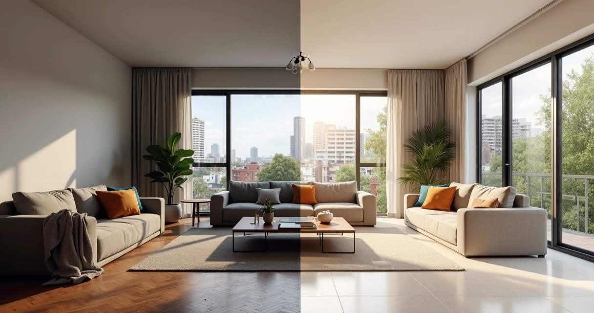 Metade de sala antiga comparada com metade de sala moderna em um mesmo ambiente 