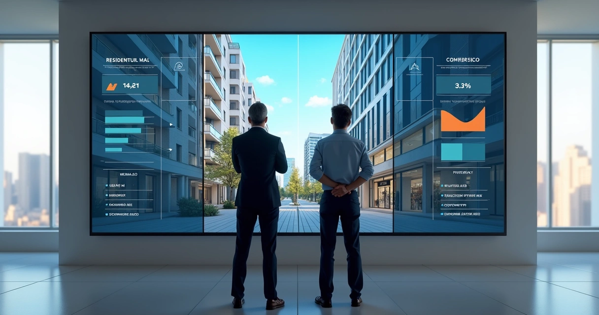 Painel exibindo comparação entre imóvel residencial e comercial em leilão 