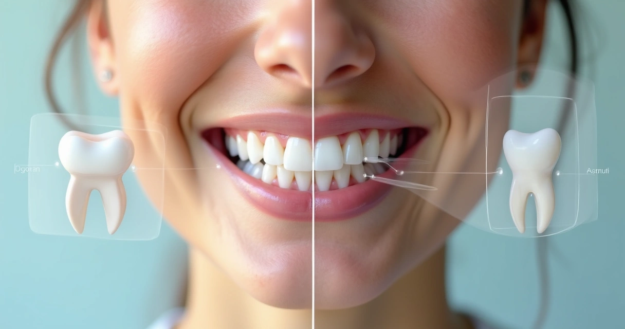 Boca em close mostrando lado com implante e lado com ponte dentária fixa 