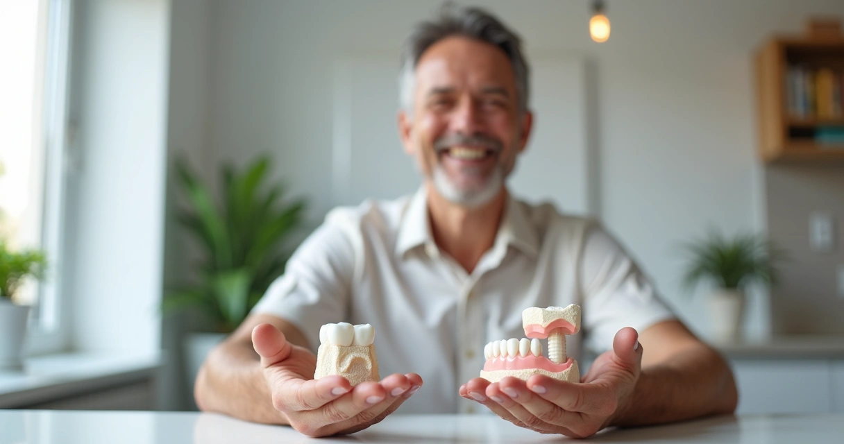Pessoa sorrindo segurando modelos de implante e prótese removível nas mãos 