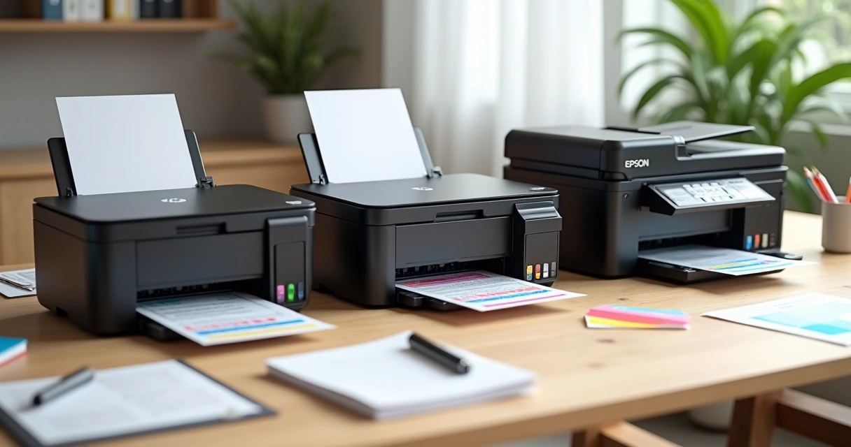 Impressora HP, Epson e Brother lado a lado, com papéis impressos coloridos à frente, mesa de escritório clara e organizada. 