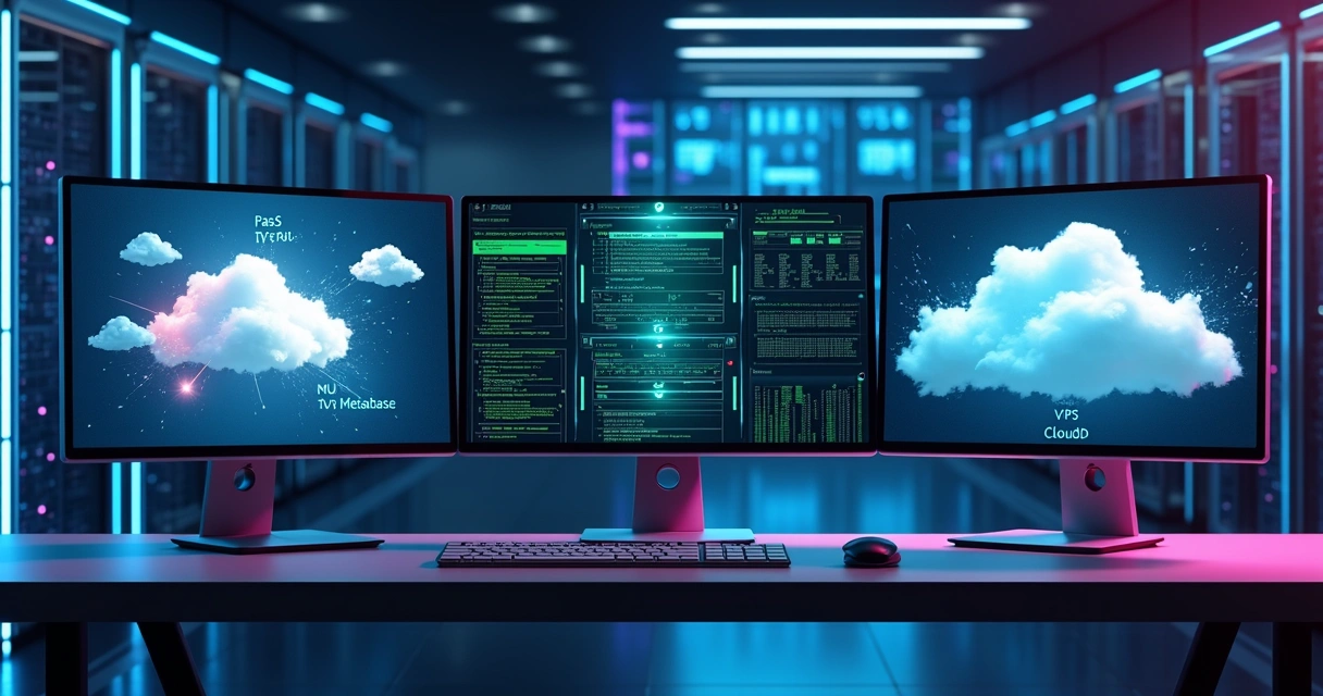 Comparação detalhada entre PaaS, VPS e Cloud com elementos tecnológicos e ícones representativos de servidores, nuvem e plataformas PaaS 