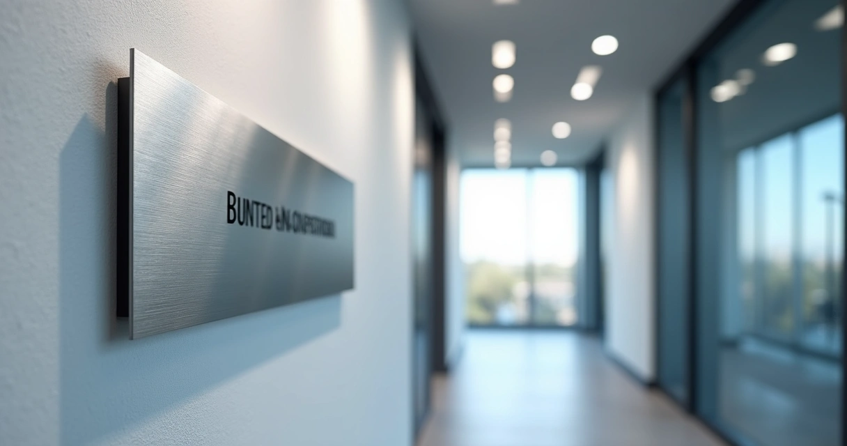 Placas de inox e acrílico lado a lado em ambiente corporativo