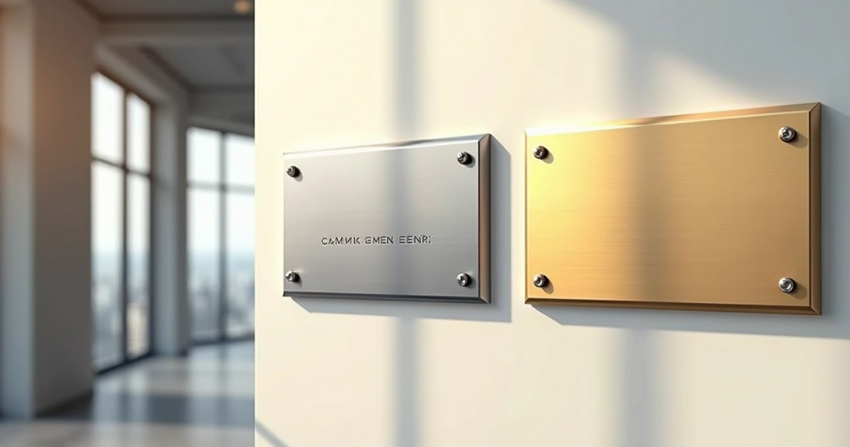 Placas metálicas de inox e latão lado a lado em ambiente corporativo 