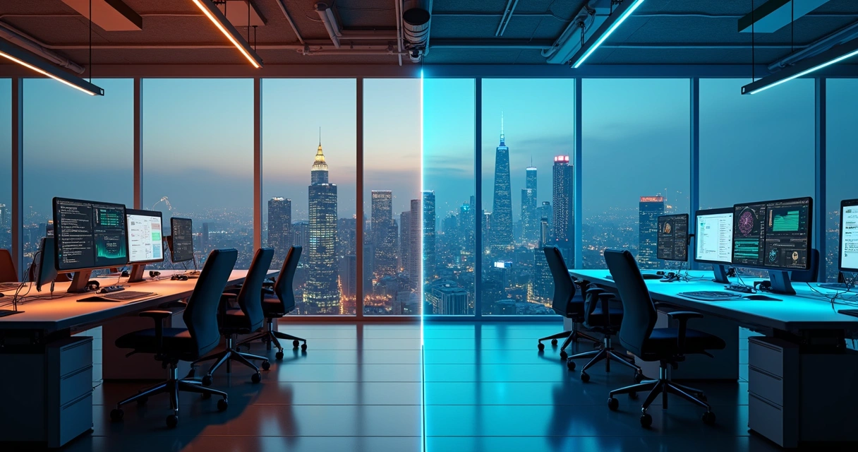 Comparação visual de dois tipos de conexão de internet em um escritório corporativo moderno 