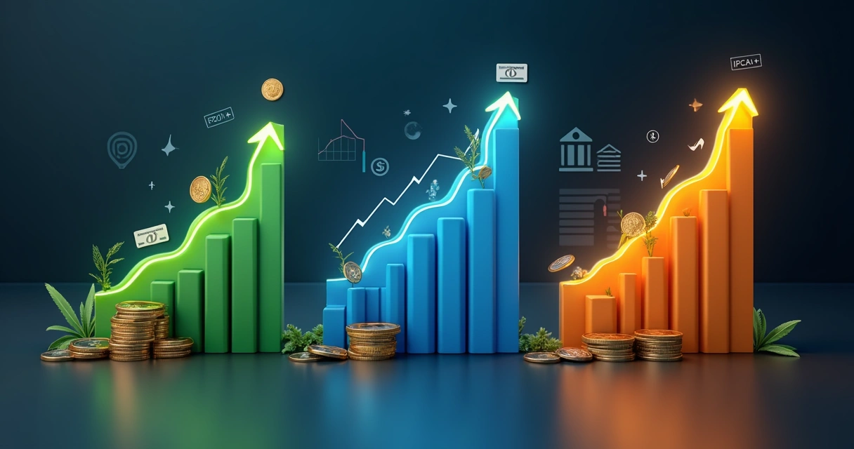 Três gráficos financeiros coloridos mostrando crescimento e comparação entre Tesouro Direto, Selic e IPCA+ 