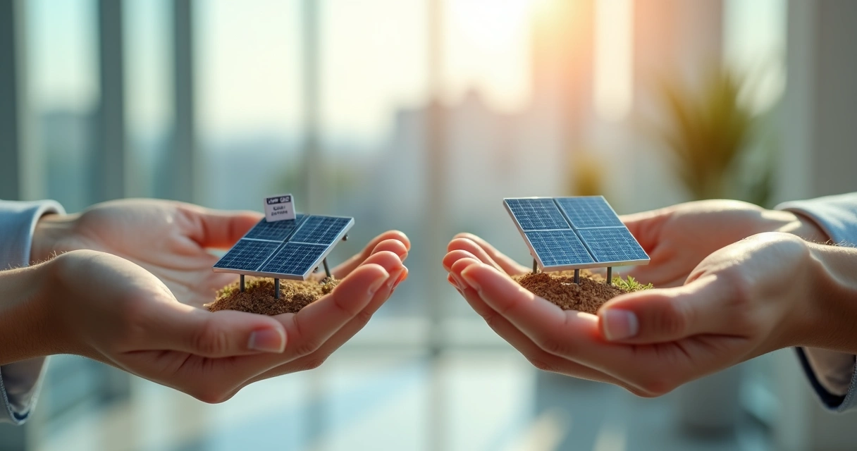 Mão segurando duas miniaturas de usina solar representando comprar e alugar 