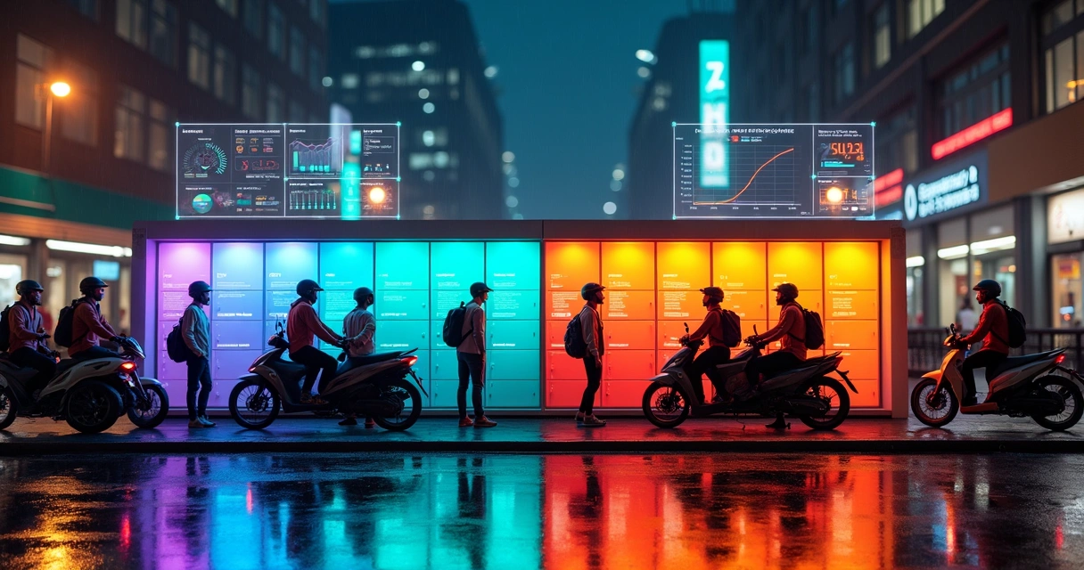 Postal locker wall at night with split branding and many couriers waiting 