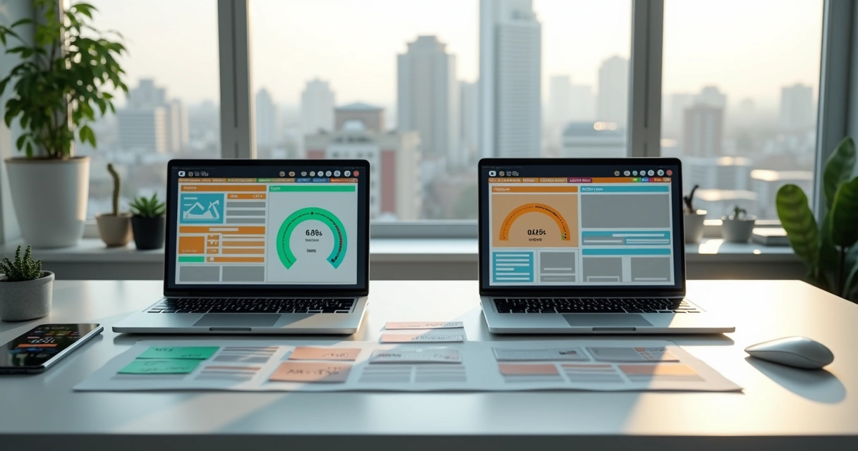 Mesa com dois laptops exibindo diferentes construtores de landing page lado a lado 