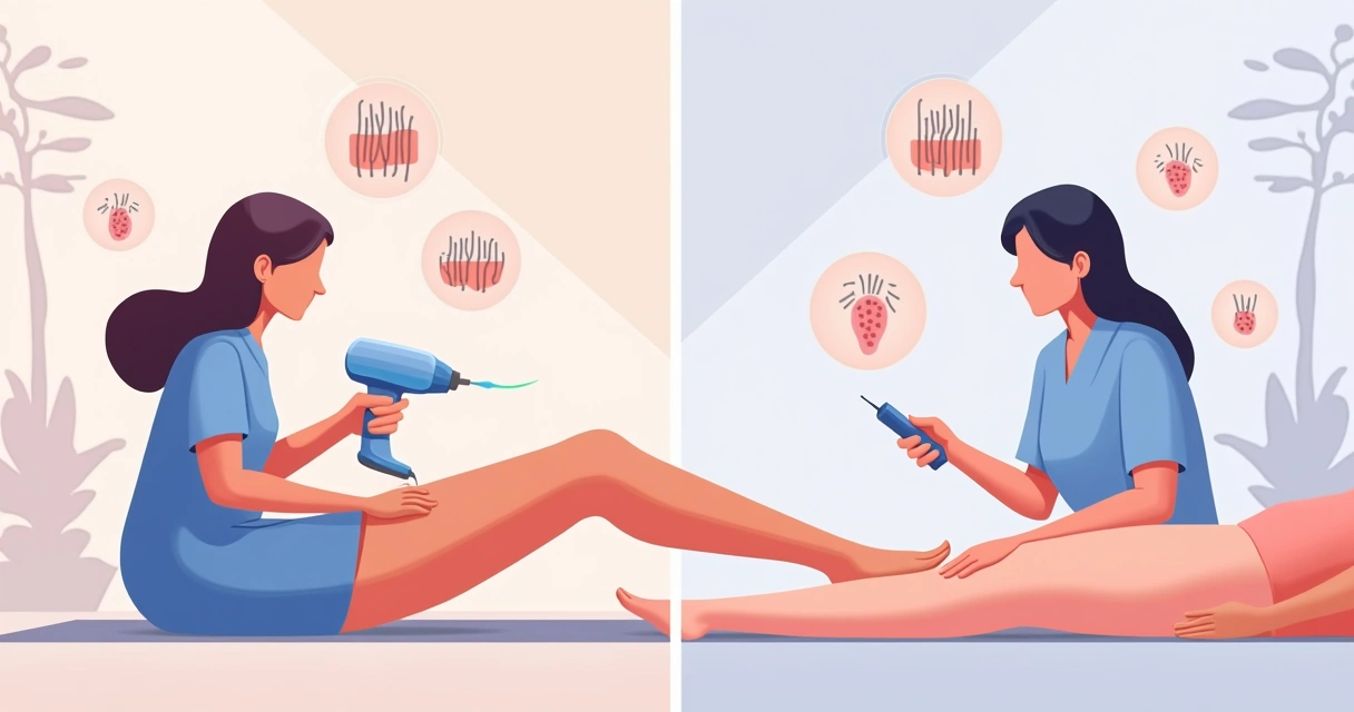 Comparação visual entre depilação a laser e eletrólise, mostrando equipamentos e áreas de aplicação 