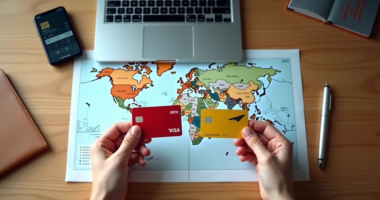 Mãos comparando cartões de fidelidade aéreos sobre mesa com mapa mundi 
