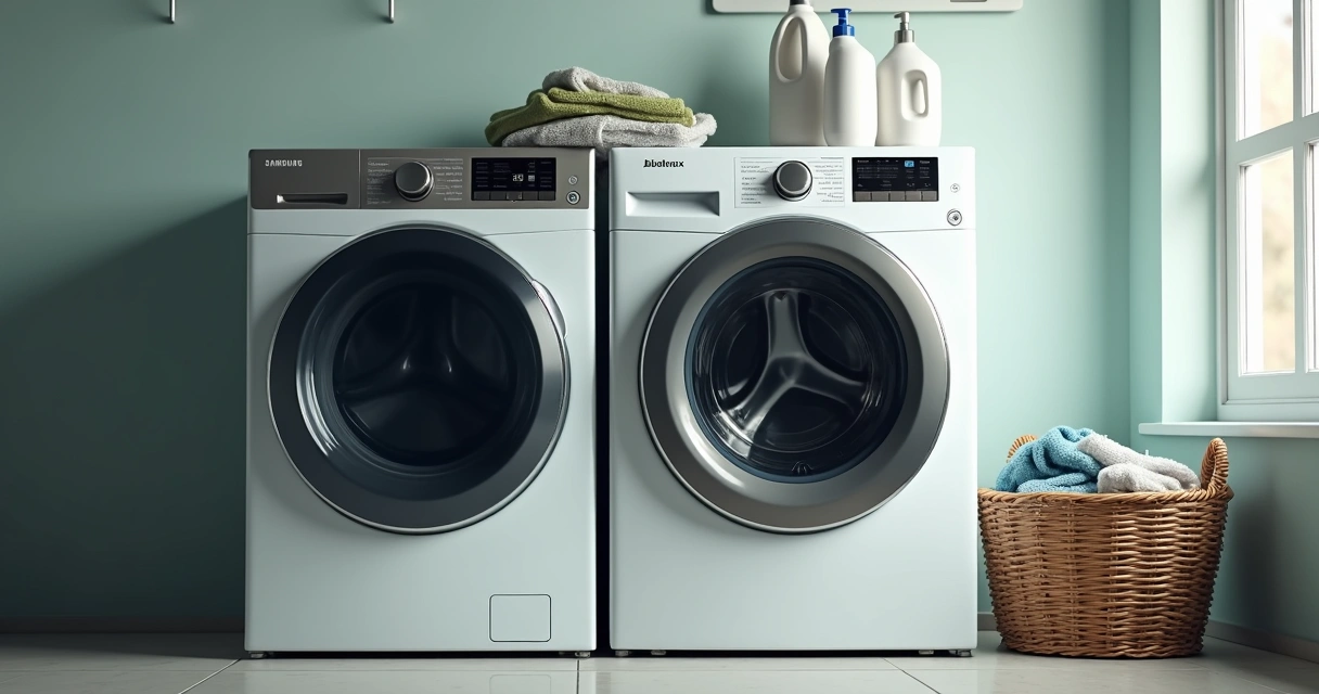 Duas máquinas de lavar, uma Samsung e uma Electrolux, lado a lado numa lavanderia moderna 