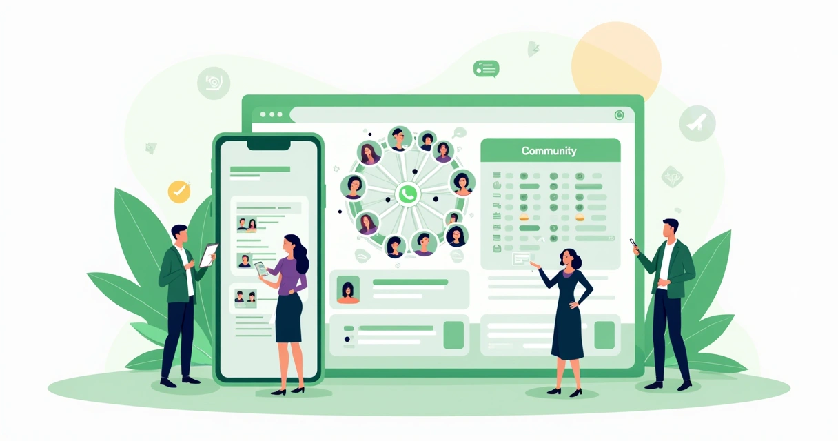 Ilustração mostrando comparação entre lista, grupo e comunidade no WhatsApp em painel dividido