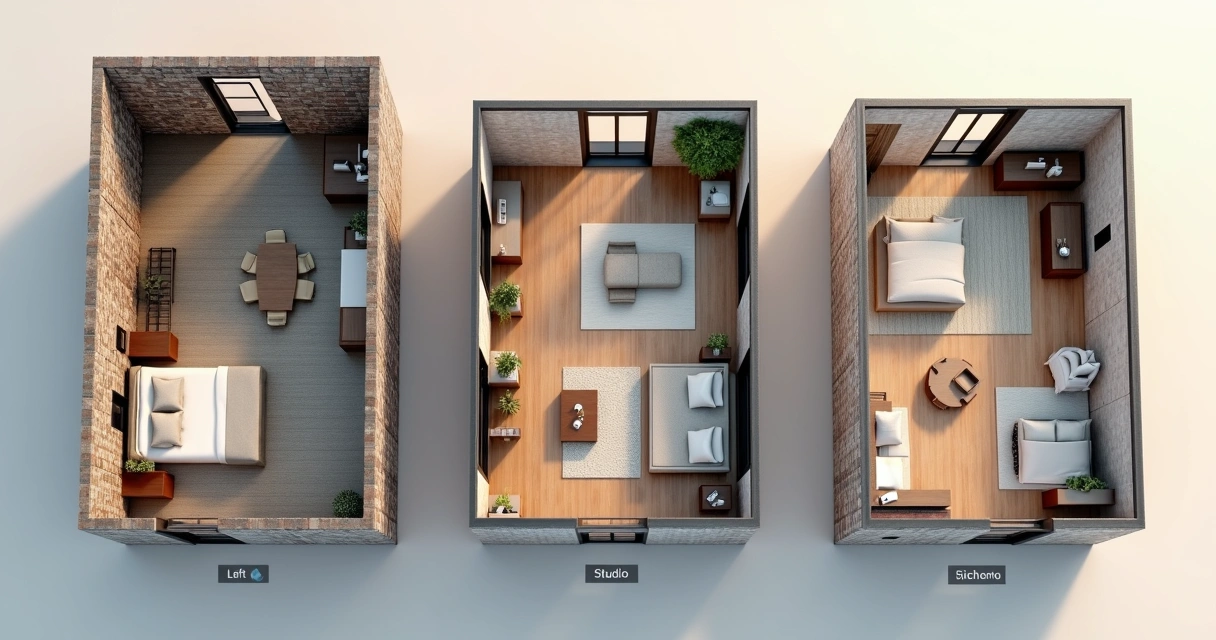 Planta comparando loft studio e apartamento comum lado a lado 