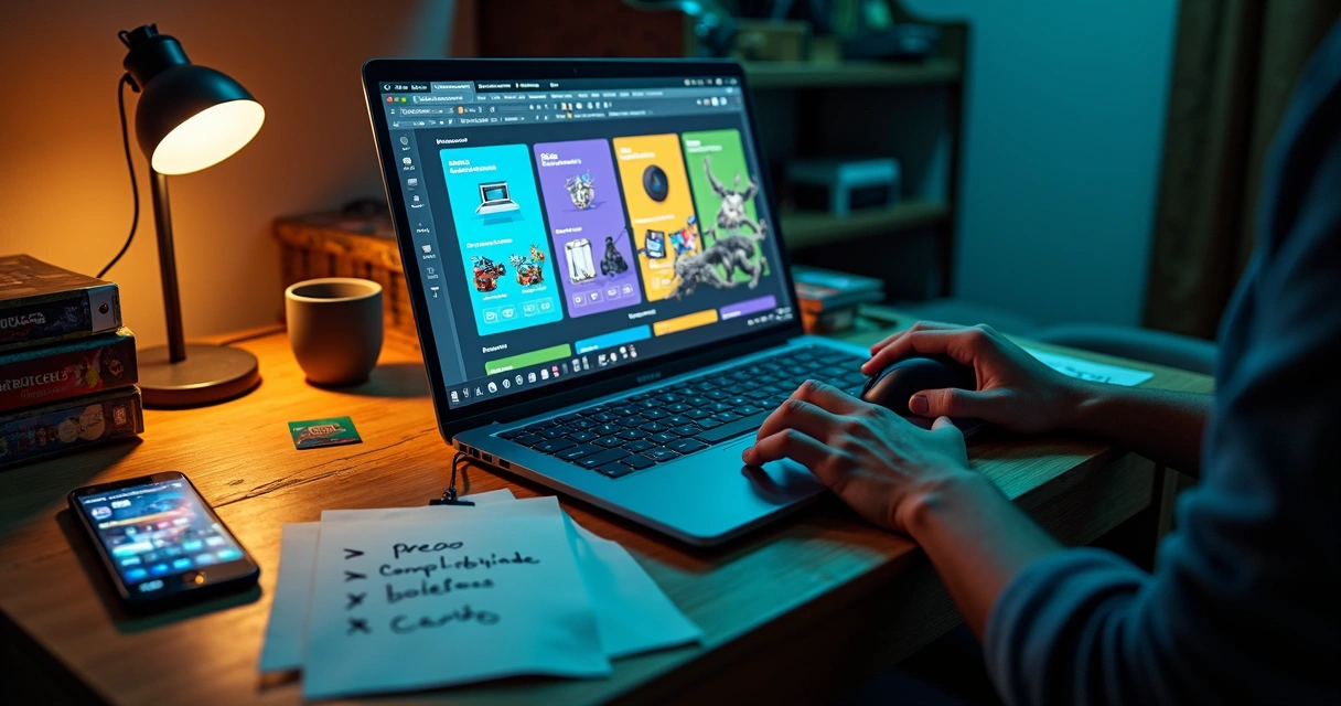 Mesa com colecionador comparando plataformas digitais de jogos clássicos no notebook 