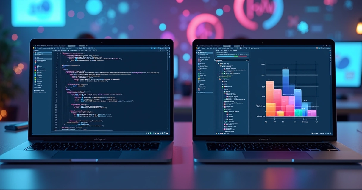 Computadores exibindo interfaces de desenvolvimento low-code e no-code lado a lado, com gráficos e ícones tecnológicos ao fundo 