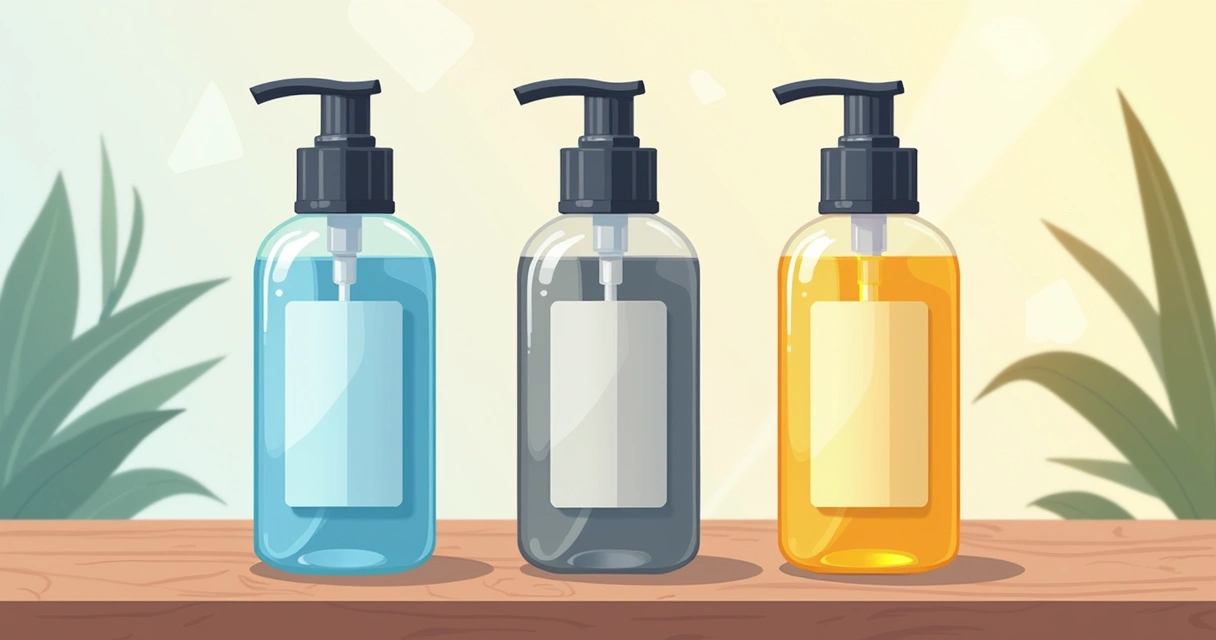 Três embalagens de lubrificantes representando água, silicone e óleo lado a lado na mesa 