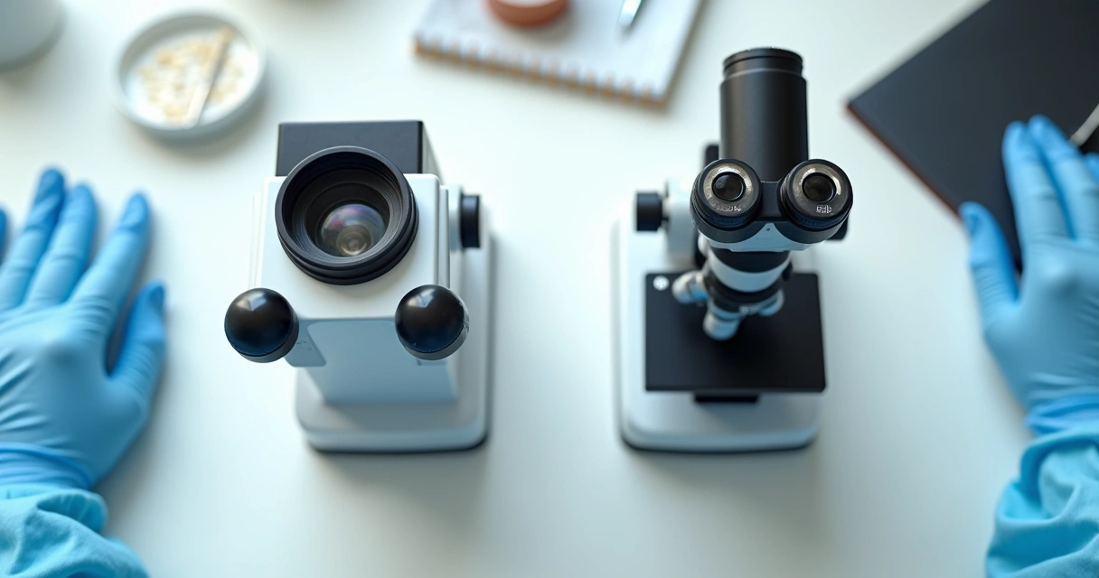 Lupa binocular ao lado de um microscópio odontológico sobre uma mesa 