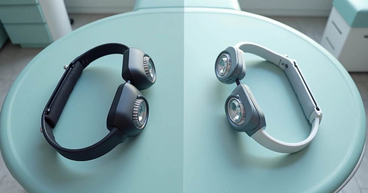 Comparação entre instrumentos de lupa de tiara e armação tradicional em mesa de consultório 