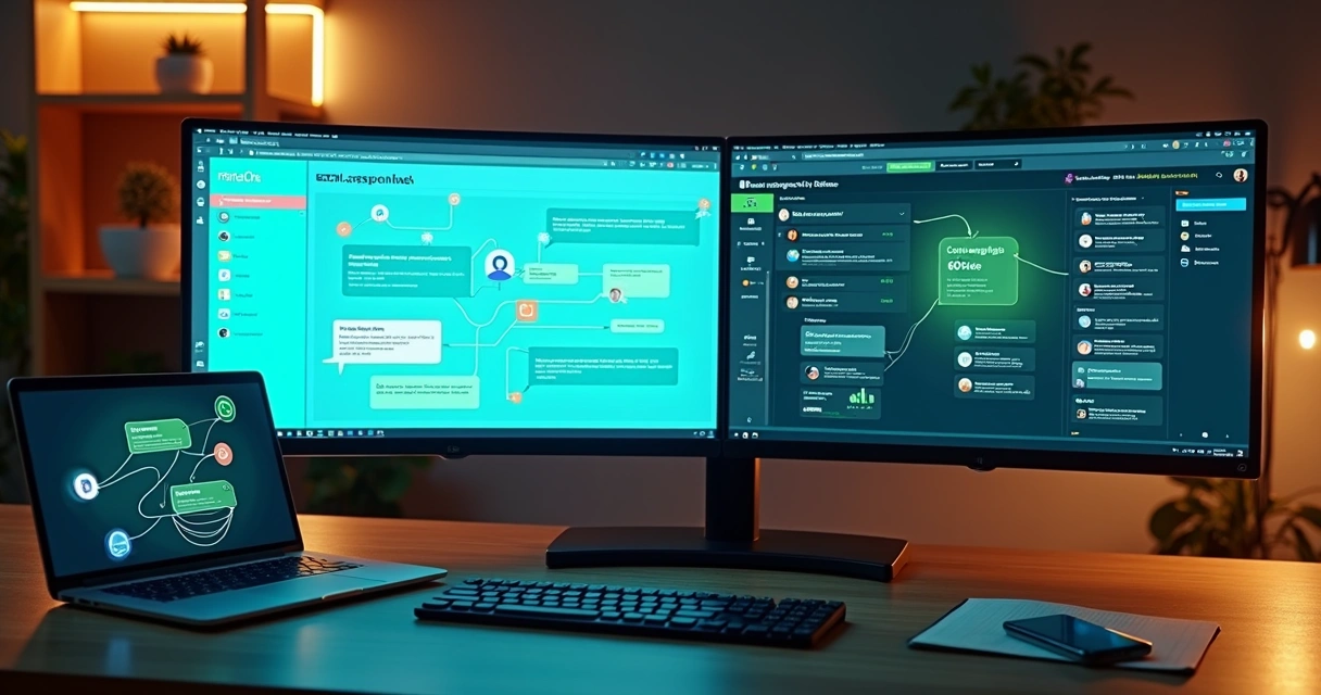 Painel dividido comparando automações ManyChat e Zap Responder em estação de trabalho moderna 