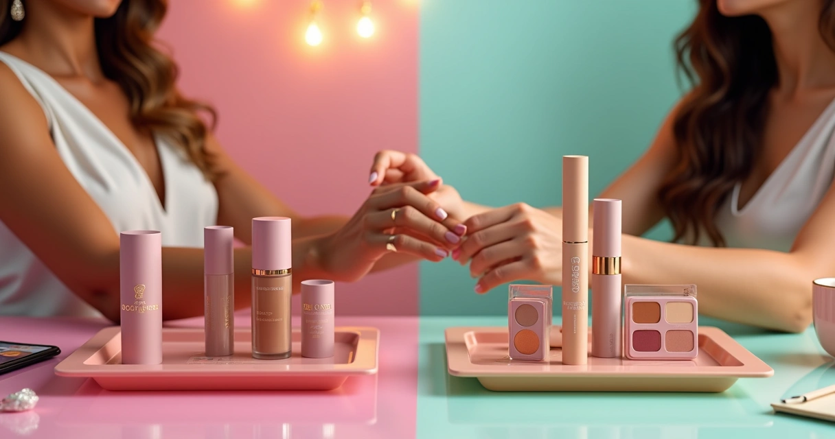 Duas mulheres comparando produtos de maquiagem de Boca Rosa Beauty e Quem disse, Berenice? em bancada colorida 