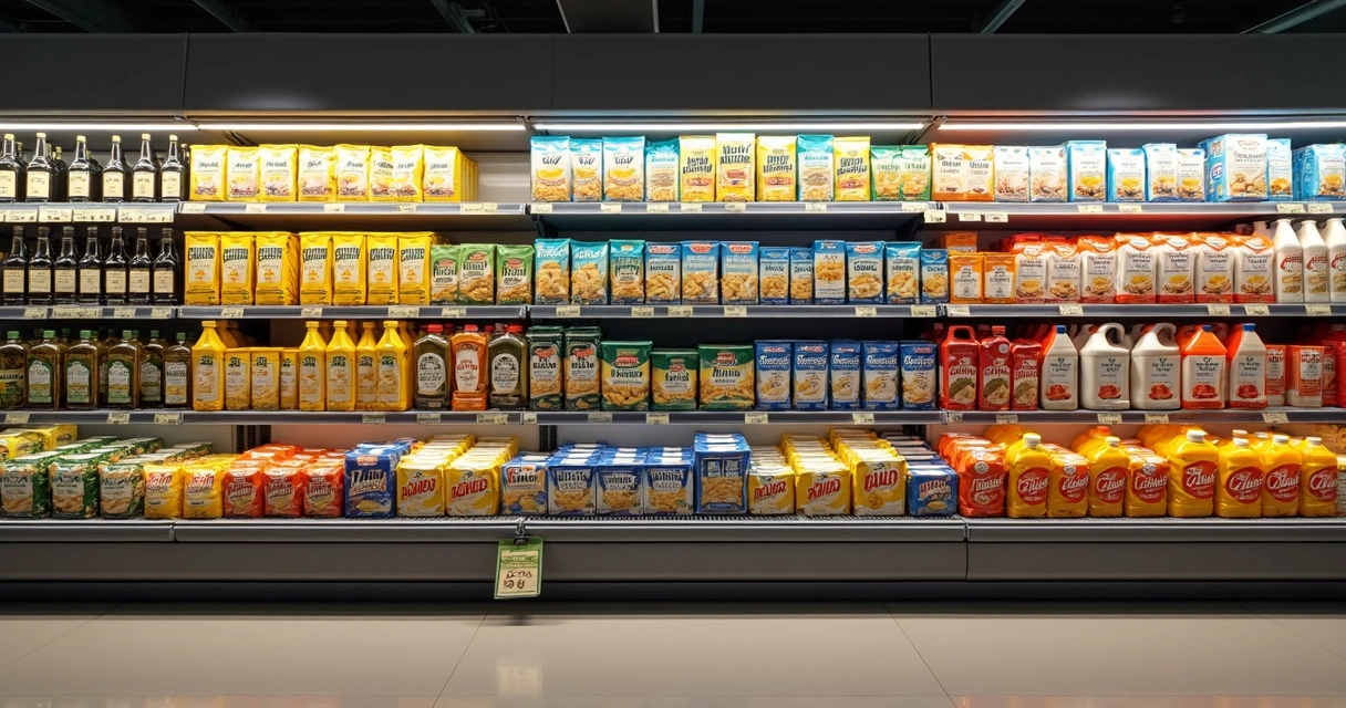 Prateleira de supermercado comparando produtos de marca própria e tradicionais lado a lado 