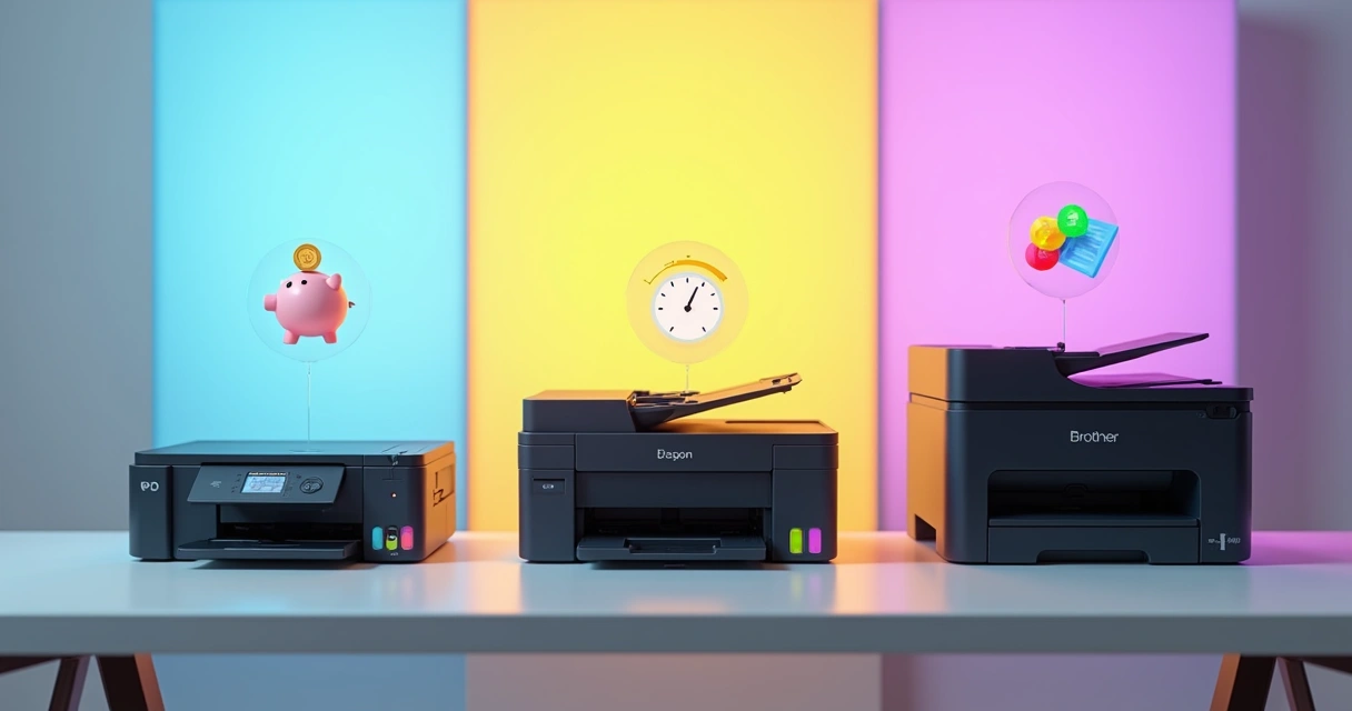 Mesa colorida com três impressoras diferentes lado a lado e ícones de comparação ao redor 