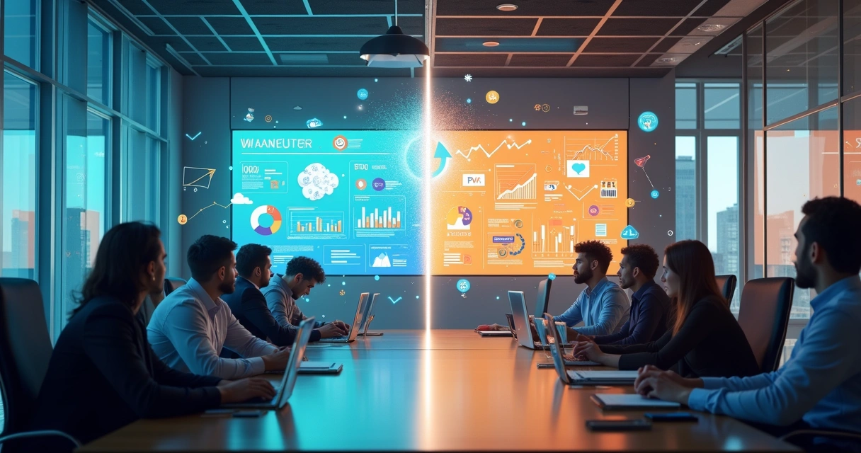 Divisão visual entre estratégias de marketing B2B e B2C com equipes analisando gráficos 