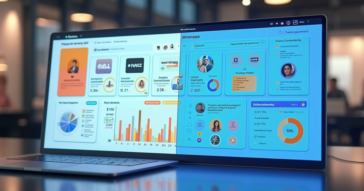 Modelo 3D comparando loja própria e marketplace em painel digital dividido ao meio 