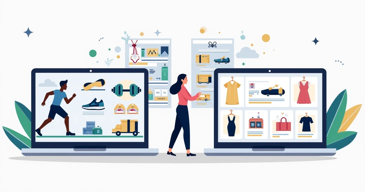 Ilustração comparando dois marketplaces de moda em telas lado a lado