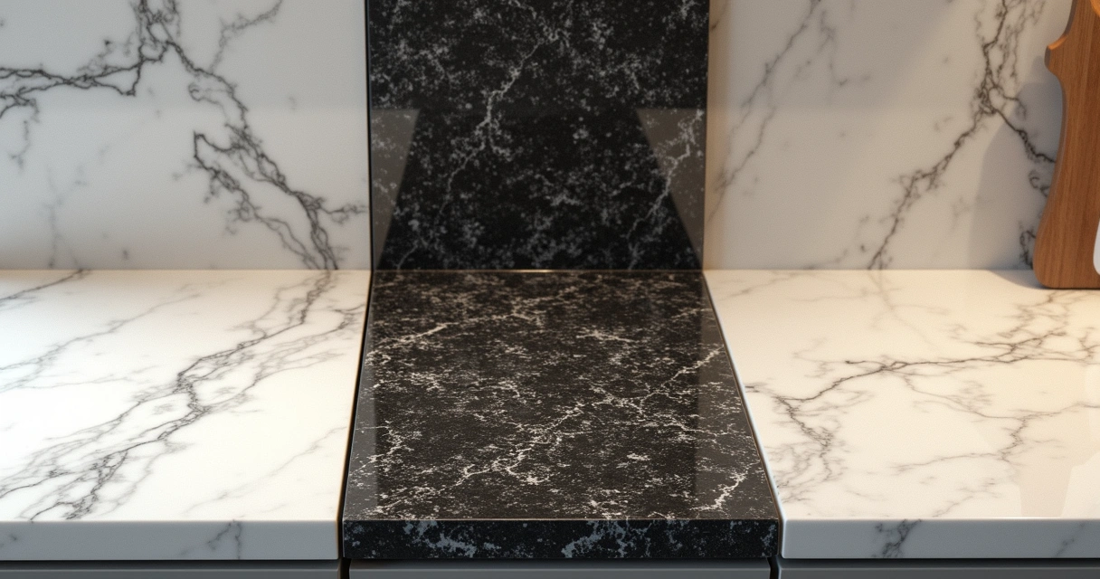 Bancadas lado a lado com mármore, granito e porcelanato mostrando texturas e tons diferentes 