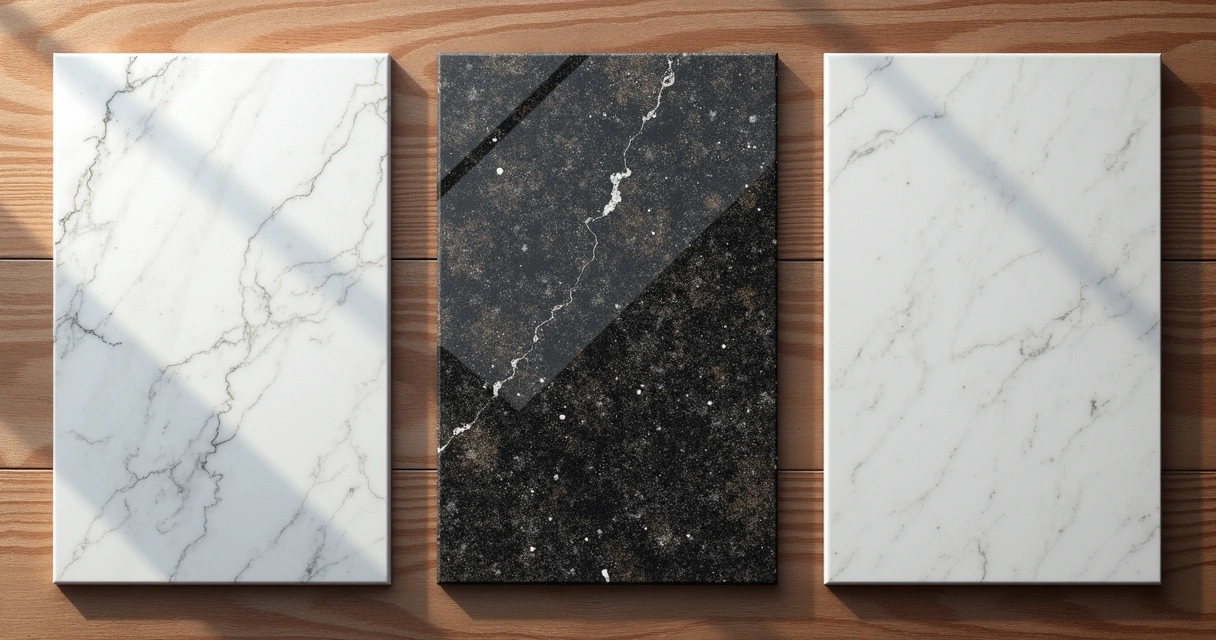 Amostras de mármore, granito e quartzo lado a lado em bancada 