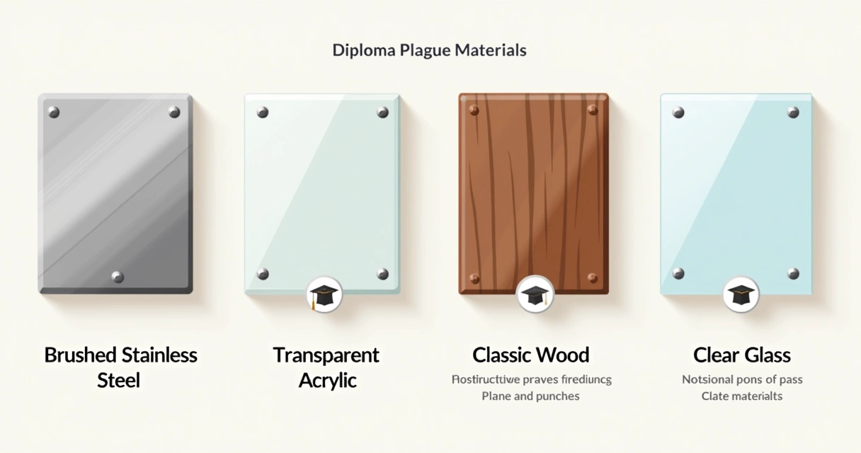 Comparação de materiais de diplomas: inox, acrílico, madeira e vidro 