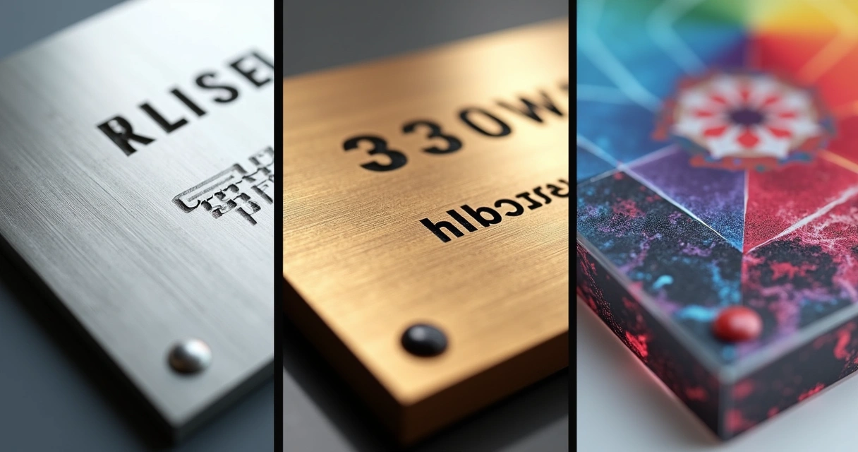 Montagem mostrando detalhes do acabamento de placas de aço inox, latão e acrílico 
