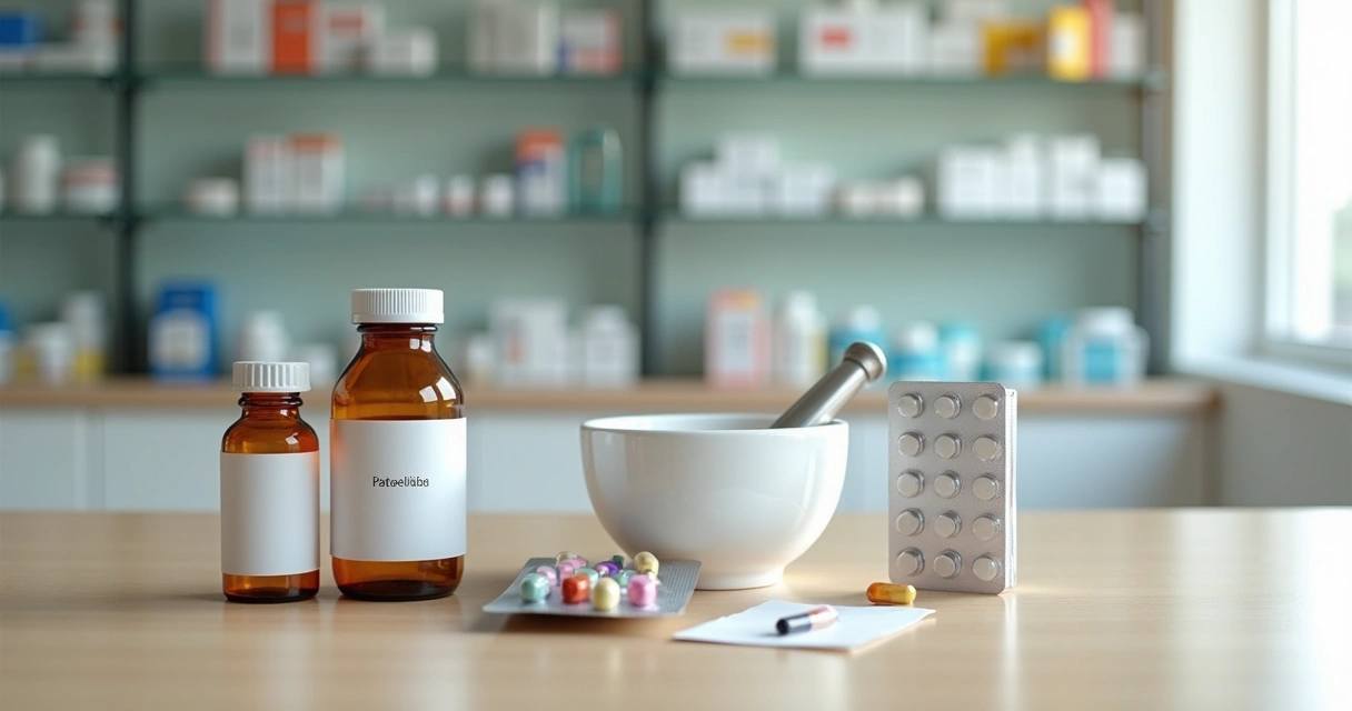 Bancada mostrando comparação entre medicamento manipulado e industrial lado a lado 